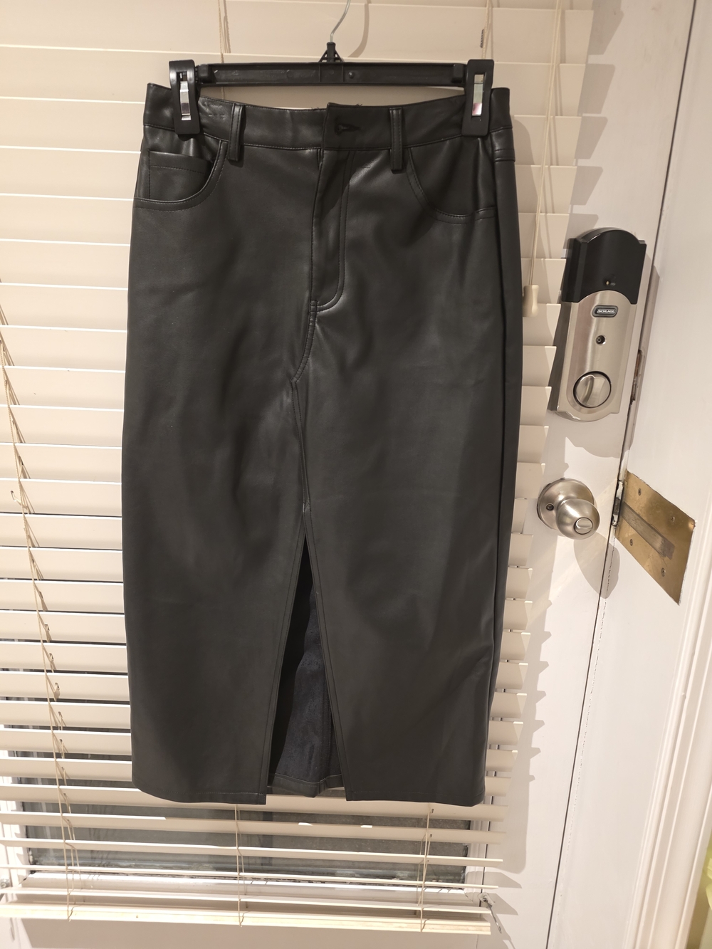 Classic Black Faux Leather Pencil Skirt with Center Slit